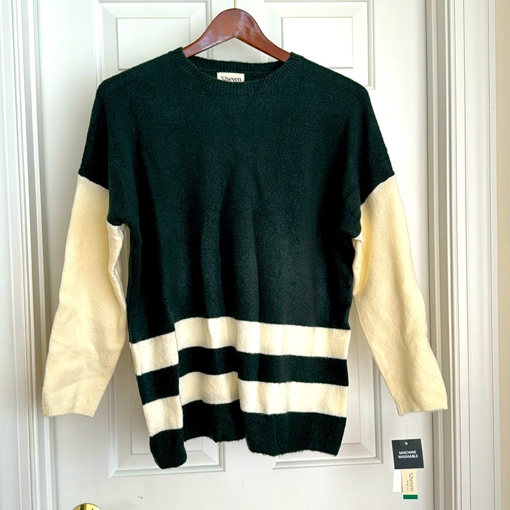 52seven Top Size L Green Cream Stripe Sweater Top Long Sleeves NWT